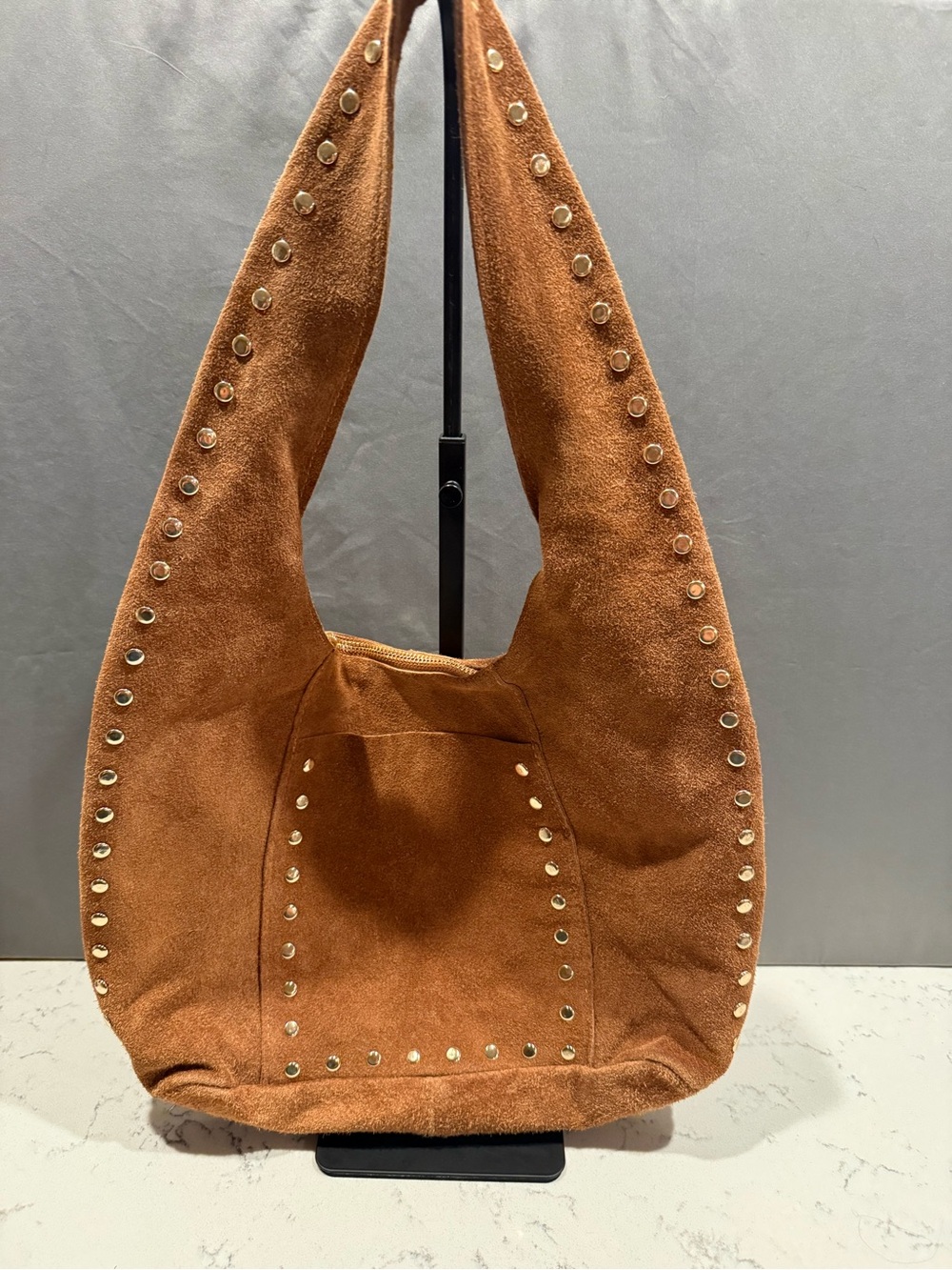 Tan Suede Studded Shoulder Hobo Bag - Unbranded